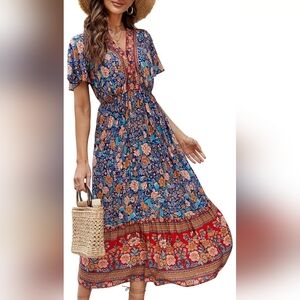 EUC Floral Bohemian Maxi Dress - Blue and Red